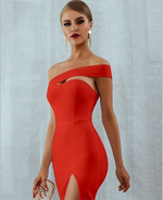 Vestido elegante reductor rojo abertura pierna (en stock)